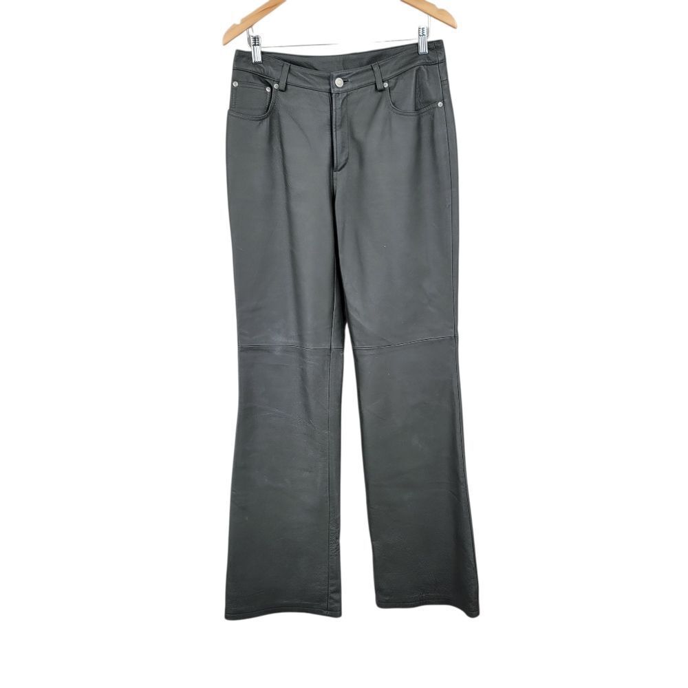 Newport News Y2K Leather Dark Green Gray Flared Boot Cut Pants Womens Tall Long